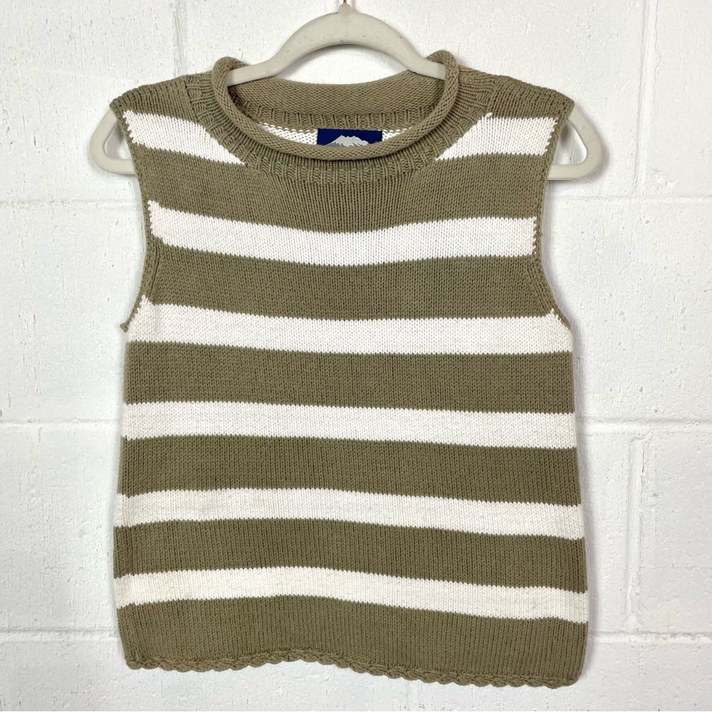Rey Wear Hand Knitted Roll Neck‎ Striped Sweater Tan/White Preppy Coastal S